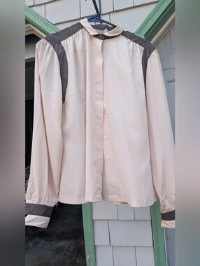 Vintage Shapely Brown Two Tone Secretary Blouse Long Sleeve High Neck